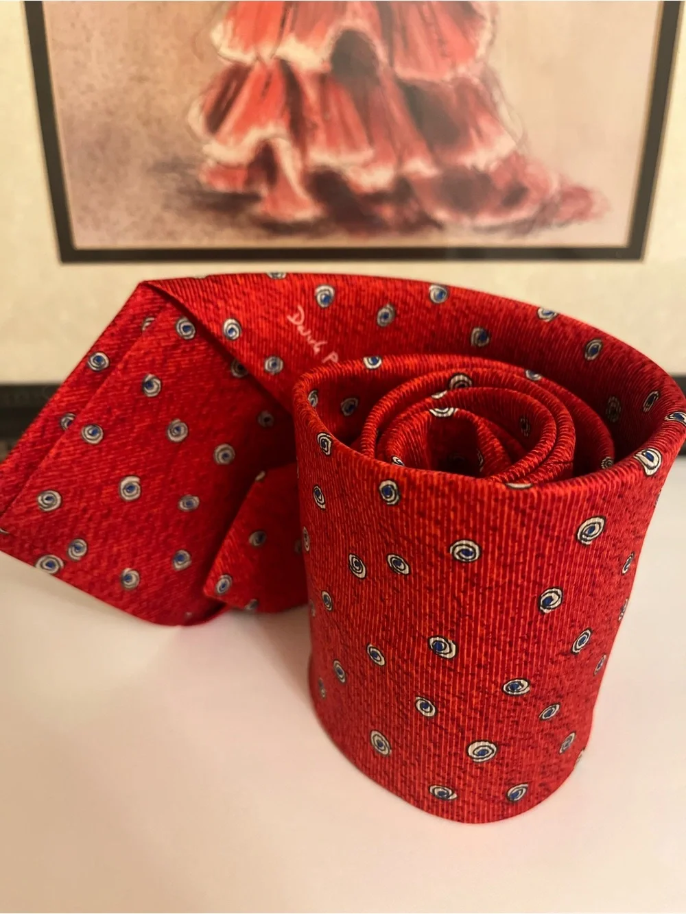 BVLGARI Red Silk Tie with Blue and Ivory Dot Motif - Made in Italy - 3.75” Width